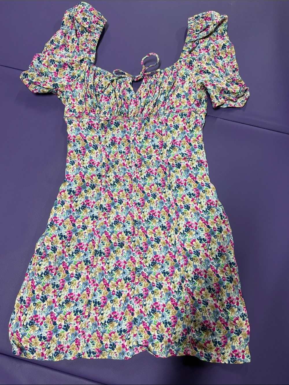 Astr Floral Puff-Sleeve Dress in Pink, Blue & Yellow runs Small